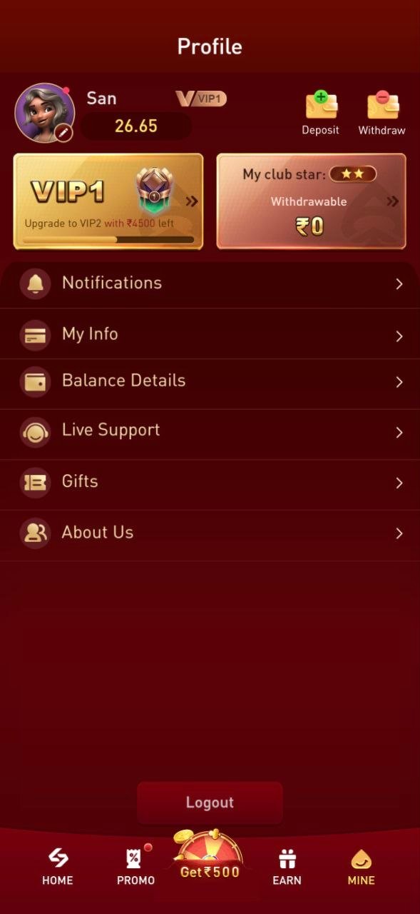 Player profile with VIP1 tier, balance details and live support links