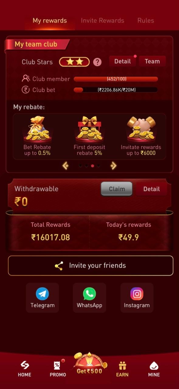 Team club rewards page showing rebates and total rewards